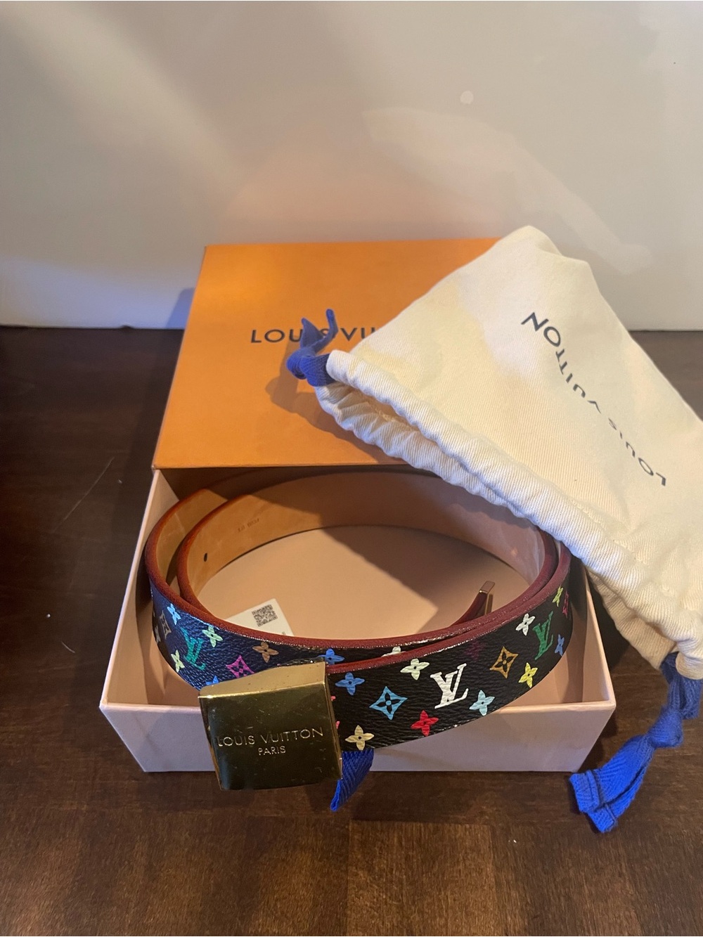 Louis Vuitton Multicolor Monogram Black Canvas Belt with Gold Buckle. Size 90/36